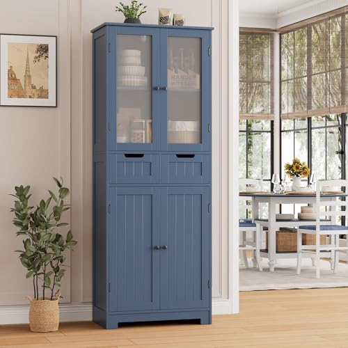 HORSTORS 67" H Bathroom Storage Cabinet, Blue Linen Cabinet with Drawers
