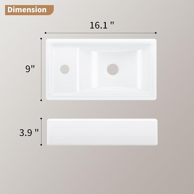 Wall Mount Bathroom Sink, Rectangular, 16" x 9", Left | Porcelain Ceramic, Floating Design, Deep Basin, High-Efficiency Drain, 9"D x 16.1"W x 3.9"H, Easy Clean, Space-Saving