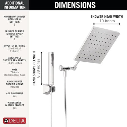Delta Faucet 10-inch Raincan Shower Head and Hand Held Shower Combo, Chrome Square Shower Head, Rainfall Shower Head, Hand Shower, High Pressure Shower Head, 1.75 GPM Flow Rate, Chrome 75527