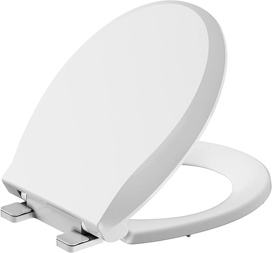 Durable Round Toilet Seat with Slow Soft Close - Easy to Install and Clean, Never Loosens - White, Fits Most Round Toilets