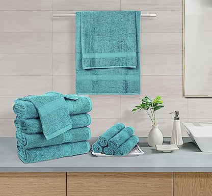HILLFAIR 100% Cotton 24 Piece Bath Towels Set for Bathroom- Sea Green