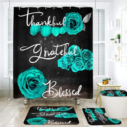 Onalasyc 4Pcs Green Rose Floral Shower Curtain with Rugs Set