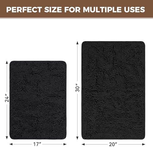 Bcoimo Bath Rug Mat Set, 2 Piece High Absorbent Chenille Bathroom Mat Black