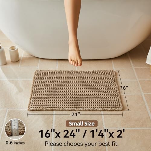 Triohero Waffle Bath Mat, Small Boho Bathroom Rugs Non Slip, 16x24 Khaki