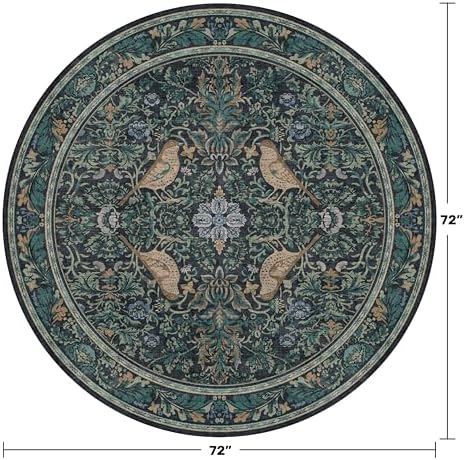 Washable Round Area Rug 6ft for Living Room, Soft Round Carpet Non-Slip with Rubber Backing, Vintage Large Circle Rug for Bedroom Kitchen Nursery, Dark Navy Blue Oriental Floral Décor