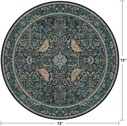 Washable Round Area Rug 6ft for Living Room, Soft Round Carpet Non-Slip with Rubber Backing, Vintage Large Circle Rug for Bedroom Kitchen Nursery, Dark Navy Blue Oriental Floral Décor