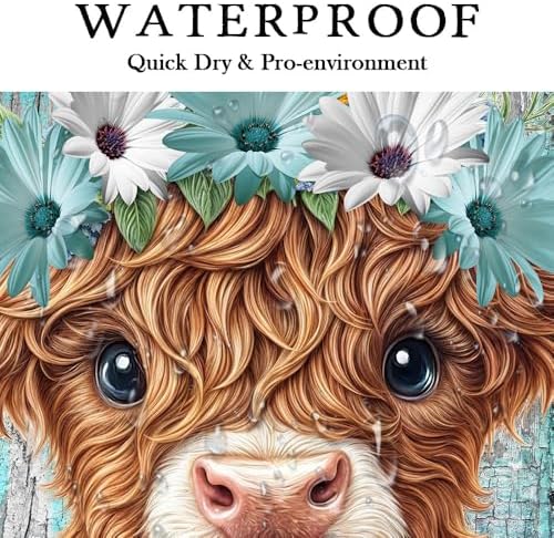 Funny Highland Cow Shower Curtain for Bathroom Decor, Teal Farm Teal Daisy Floral Flowers and Butterfly on Country Wooden Farmhouse Bath Curtain Country Animal Flower Waterproof 12 Hooks 60x72in