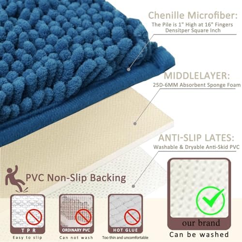 Bathroom Rugs Sets 3 Piece Non Slip,Bath Rugs with PVC Backing Bath Carpet,Bathroom Rug Washable,Absorbent,Plush Carpet Mats,Bath Mats for Bedroom, Kitchen,Tub,Home Decor (Deep Blue)