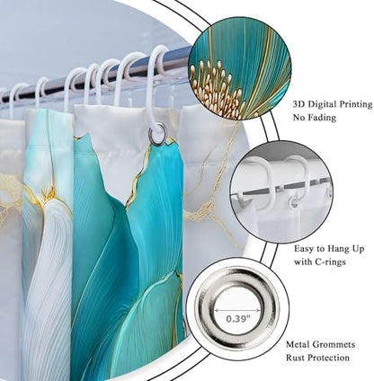 Teal Gold Marble Floral Extra Long Abstract Art Bathroom Shower Curtain Set