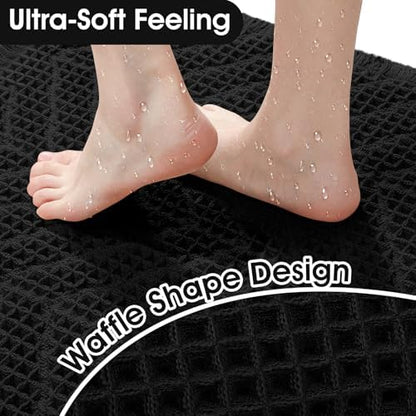 Upgraded Waffle Bath Mat, 32"x20" Black-Herringbone, Super Absorbent Non-Slip Quick Dry Bathroom Rugs with Tassels, Machine Washable Ultra Soft Boho Bath Rugs, Toilet Mats Boho Farmhouse Decor