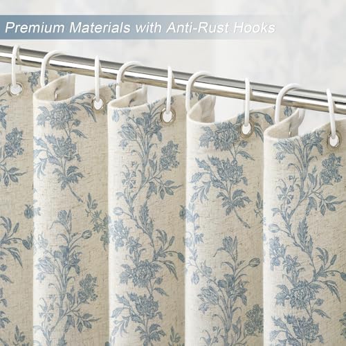 Blue Floral Shower Curtain,Vintage Linen Beige Cottagecore Shower Curtains for Bathroom, 72" W x 72" L
