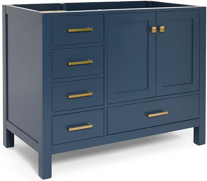 ARIEL Cambridge 42-inch Bathroom Vanity Base Cabinet,Solid Wood, 2 Soft Closing Doors, 5 Dovetail Drawers, Midnight Blue