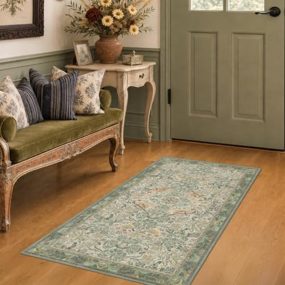 Washable Sage Green Floral Rugs for Entryway - Small 2x4 Runner Rug for Kitchen Bathroom Door Mat Indoor Entrance with Bird & Botanical Pattern, Light Green and Beige, Non Slip Low Pile