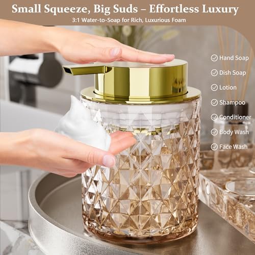 Glass Bathroom Accessories Set 5Pcs Crystal Brown - Foaming Soap Dispenser, Soap Dish, Cup, Acrylic Toothbrush Holder with Tray Organizer, Cotton Swab Jar, Bathroom Counter Set Sink Decor