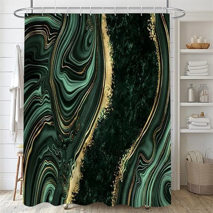 Nkzply 4 Pcs Green Marble Shower Curtain Sets with Rugs Gold Bathroom Set