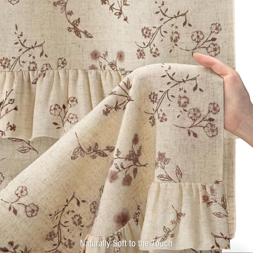 Brown Floral Farmhouse French Country Ruffle Linen Shower Curtain 72Wx72H