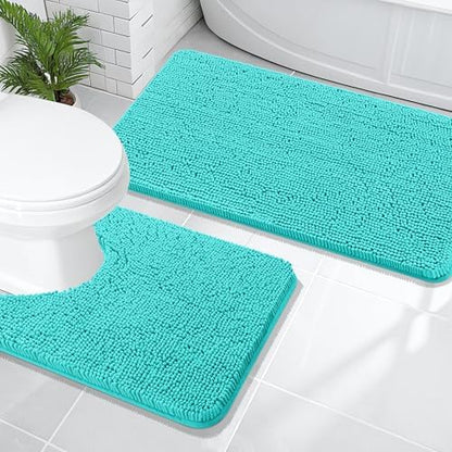 OLANLY Chenille Bathroom Rugs Mats Sets 2 Piece, 47"x20"+24"x20", Teal