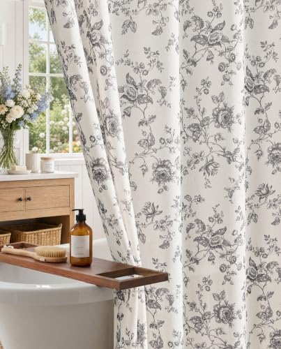 jinchan Linen Shower Curtain for Bathroom with 12 Hooks, Gray, 70x72