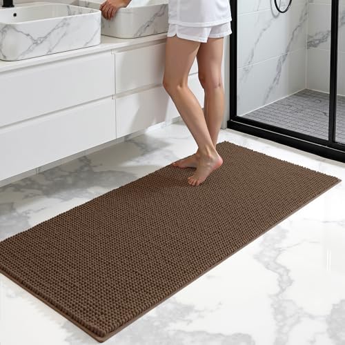 SUBRTEX Bathroom Rugs, 24" x 44" Chenille Bath Rug Soft Short Plush Bath Mat Soft Shower Mat Water Absorbent Shower Mat Quick Dry Machine Washable, Brown
