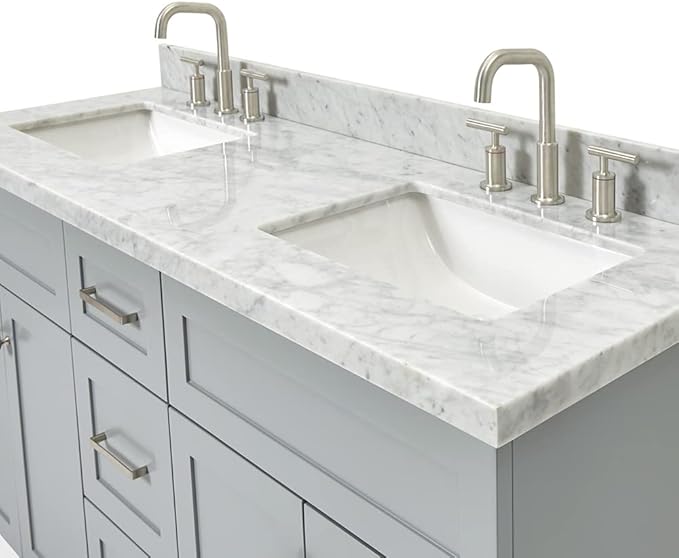 ARIEL Hamlet 60-inch Bathroom Vanity with Sink,Solid Wood, 1.5-inch Italian Carrara Marble Countertop & Backsplash, Double Rectangular Porcelain Sink, 4 Soft Closing Doors, 3 Dovetail Drawers, Grey