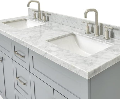ARIEL Hamlet 60-inch Bathroom Vanity with Sink,Solid Wood, 1.5-inch Italian Carrara Marble Countertop & Backsplash, Double Rectangular Porcelain Sink, 4 Soft Closing Doors, 3 Dovetail Drawers, Grey