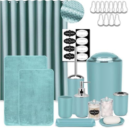 IMAVO Blue Bathroom Accessories,Non Slip Absorbent Bathroom Rugs and Waterproof Shower Curtain with Hooks,Complete Bathroom Set for Bathroom Décor