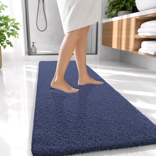 OLANLY Microfiber Bathroom Runner Rugs 47x20, Soft Absorbent Bath Mat, Navy