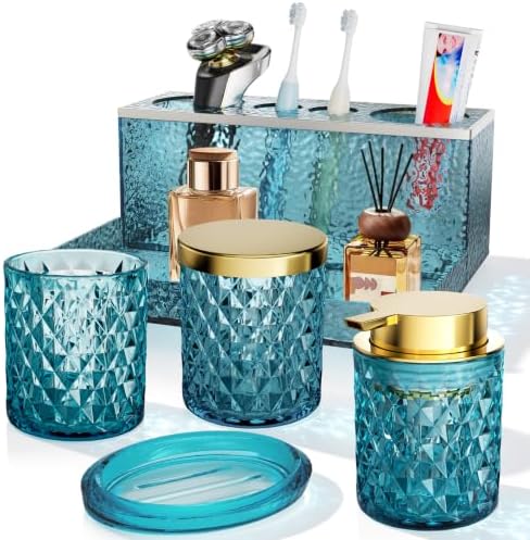 Glass Bathroom Accessories Set 5Pcs Crystal Teal, Foaming Soap Dispenser, Soap Dish, Cup, Acrylic Toothbrush Holder with Tray Organizer, Cotton Swab Jar, Bathroom Counter Set Sink Decor
