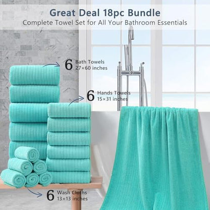 18 Piece Bath Towels Set,Ultra Soft Family Bathroom Towel Set with Hanging Loops-6 Bath Towels,6 Hand Towels,6 Washcloths,Highly Absorbent Quick Dry Shower Towel for Bathroom,Hotel,Spa-Teal Towel Set
