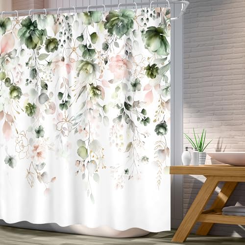 Green Pink Floral Spring Summer Rustic Bathroom Shower Curtain Set