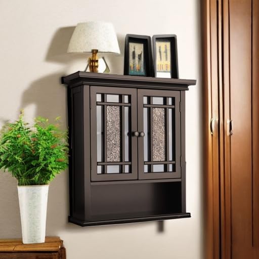 Teamson Home Windsor Over The Toilet Removable Wall Medicine Cabinet with 1 Fixed and 1 Adjustable Shelves 3 Storage Spaces 2 Glass Mosaic Doors and Rubbed Bronze-Finished Knobs, Dark Espresso