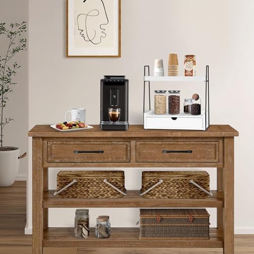 2-Tier Bathroom Countertop Organizer with Drawer, Wood Vanity Shelf White