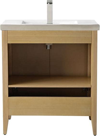 Vanity Art 30 inch Oak Bathroom Vanity with Single Sink & Ceramic Top, Vanity Cabinet with Soft-Closing Door, Solid Wood Frame, Linear Pattern, Natural Oak, VA9130-NO-MB,Matte Black Handles