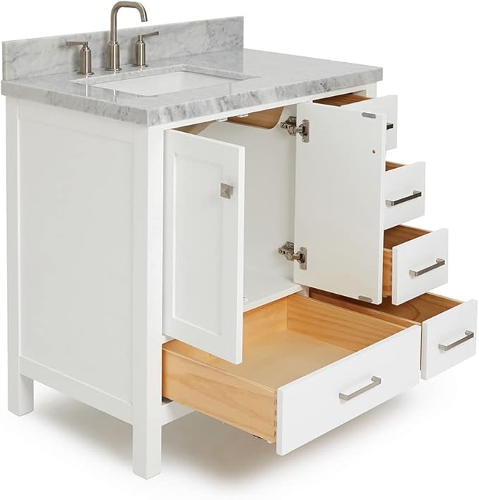 ARIEL Cambridge 36-inch Bathroom Vanity with Sink,Solid Wood, 1.5-inch Italian Carrara Marble Countertop, Single Rectangular Porcelain Sink, 2 Soft Closing Doors, 5 Dovetail Drawers, White