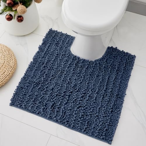 Toilet Rugs U-Shaped Mat 24x24, Contour Bathroom Mat - Ultra Soft & Absorbent Chenille, Quick-Dry, Machine Washable with Non Slip Barrier Backing, Blue