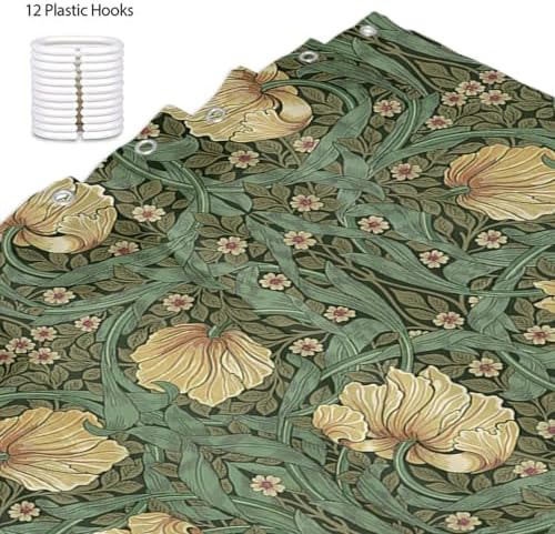 Ansouyi William Morris Shower Curtain Set with 12 Hooks, Bath Curtains Waterproof Polyester Fabric, Green Art Nouveau Floral Home Bathroom Bathtubs Decor Washable Durable Fabric, 72" Wx72 L