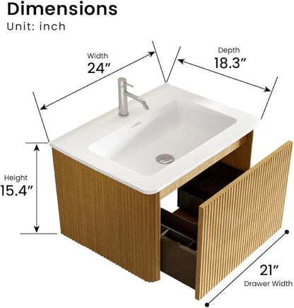 24" Bathroom Vanity with Sink, Modern Floating Vanity with Push Open Soft Close Drawer, Large Storage for Small Space, Hotel, Natural Oak, Fully Assembled - Camellia Collection