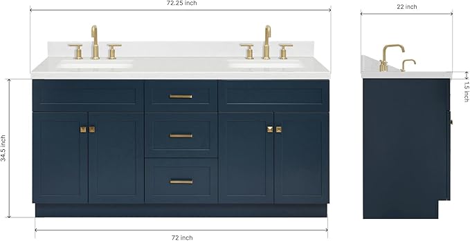 ARIEL Hamlet 72-inch Bathroom Vanity with Sink,Solid Wood, 1.5-inch Carrara White Quartz Countertop, Double Rectangular Porcelain Sink, 4 Soft Closing Doors, 3 Dovetail Drawers, Midnight Blue