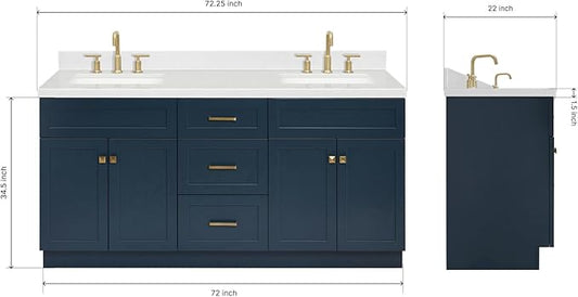 ARIEL Hamlet 72-inch Bathroom Vanity with Sink,Solid Wood, 1.5-inch Carrara White Quartz Countertop, Double Rectangular Porcelain Sink, 4 Soft Closing Doors, 3 Dovetail Drawers, Midnight Blue