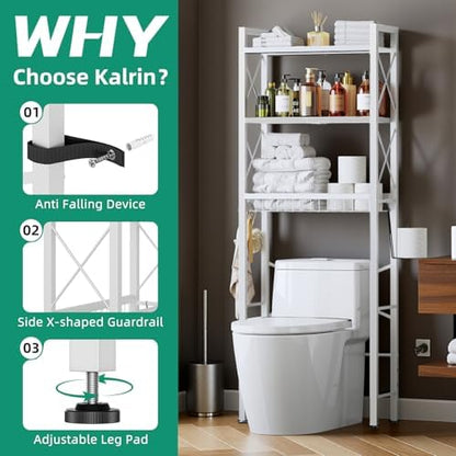 Kalrin Over The Toilet Storage with X Shape Side Guardrail, 3-Tier Over Toilet Storage Rack with Drain Basket, Freestanding Bathroom Organizer for Balcony Laundry, Pure White