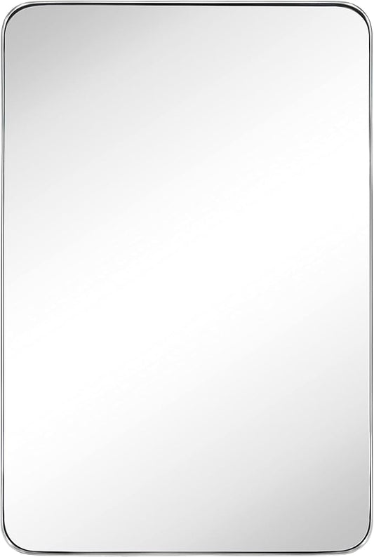 GRACTO 24 x 36'' Polished Nickel Rectangle Bathroom Vanity Mirror for Wall Polished Silver Metal Framed Rounded Rectangular Bathroom Vanity Mirrors, Vertical and Horizontal Hanging…