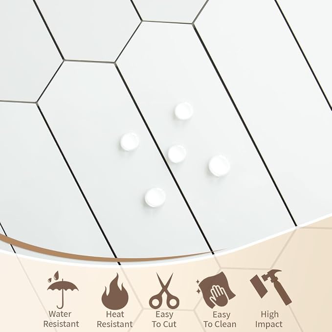 DICOFUN 1 Sheet Polished White Long Hexagon Peel and Stick Backsplash, 12"x12" PVC Stick on Backsplash Wall Tiles for Kitchen and Bathroom