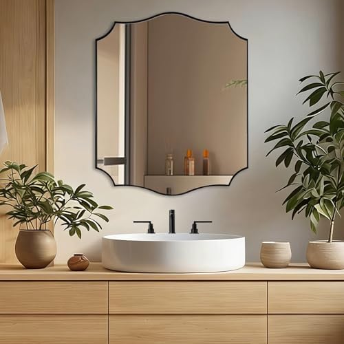 ANDY STAR 30"x36" Black Scalloped Mirror, Mirrors for Bathroom Sink, Black Framed Mirror with Elegant Curved Scallop Design, Premium Stainless Steel Thin Frame, Hangs Horizontally or Vertically
