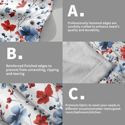 4th of July Hand Towel Set of 2, 14x28 Inch Patriotic Red Blue Floral Leaves Absorbent Soft Dish Cloth Towels for Kitchen Bathroom Home Memorial Day Independence Day Decor