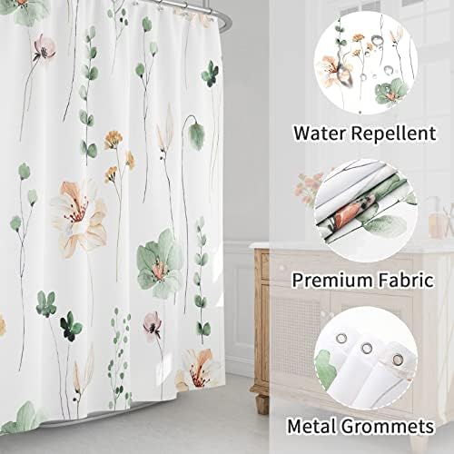 Gibelle Watercolor Floral Shower Curtain, Sage Green Beige Flower Shower Curtain for Bathroom, Modern Minimalist White Waterproof Fabric Shower Curtain Set 72x72 Inch (Pack of 2)