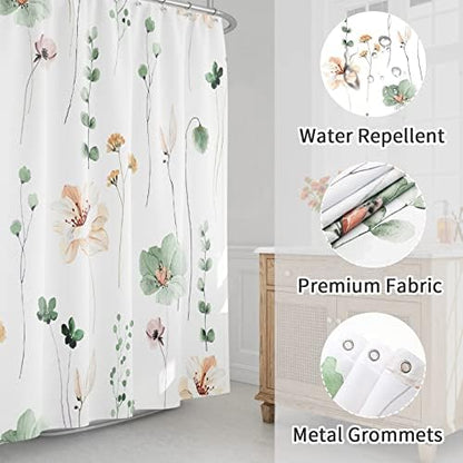Gibelle Watercolor Floral Shower Curtain, Sage Green Beige Flower Shower Curtain for Bathroom, Modern Minimalist White Waterproof Fabric Shower Curtain Set 72x72 Inch (Pack of 2)