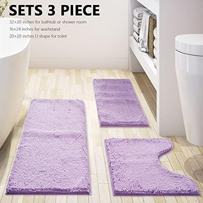 Bathroom Rugs Chenille 3-Piece Extra Soft and Absorbent Shag Bathroom Rugs, Machine Wash Mat, Strong PVC Non-Slip Underside, Plush Carpet Mats, Lavender