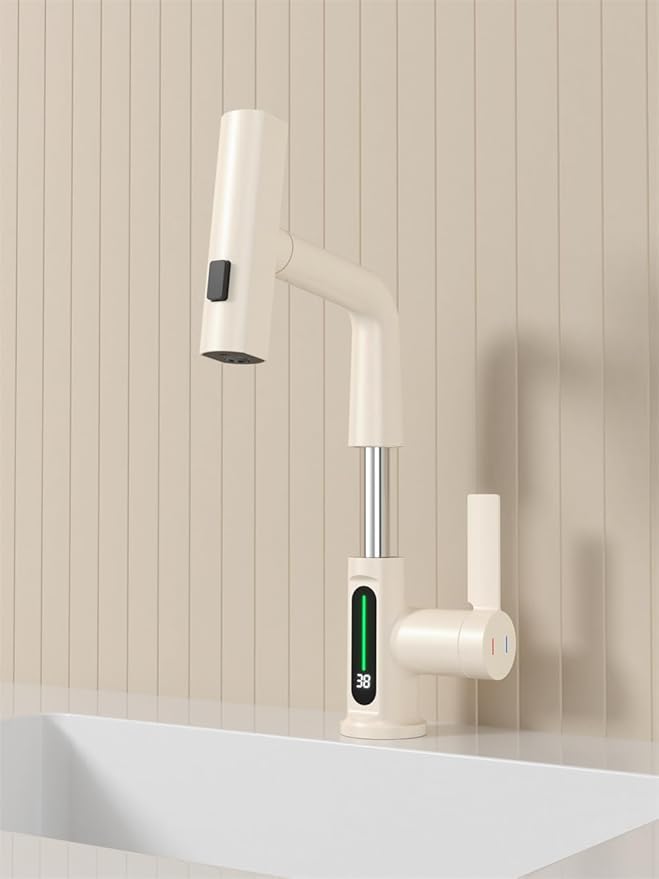 Bathroom One Hole Sink Basin Faucet with Waterfall Pull Down Sprayer,Vanity Single Handle 1 Hole Pull Out Faucet with Rainfall Spray Head Temperature Digital Display Mixer Tap Cream White