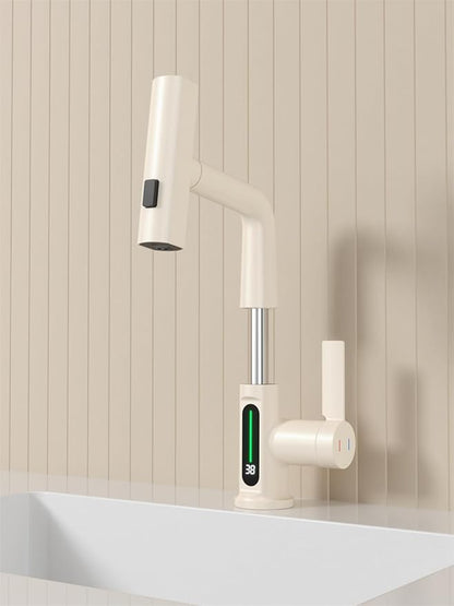 Bathroom One Hole Sink Basin Faucet with Waterfall Pull Down Sprayer,Vanity Single Handle 1 Hole Pull Out Faucet with Rainfall Spray Head Temperature Digital Display Mixer Tap Cream White