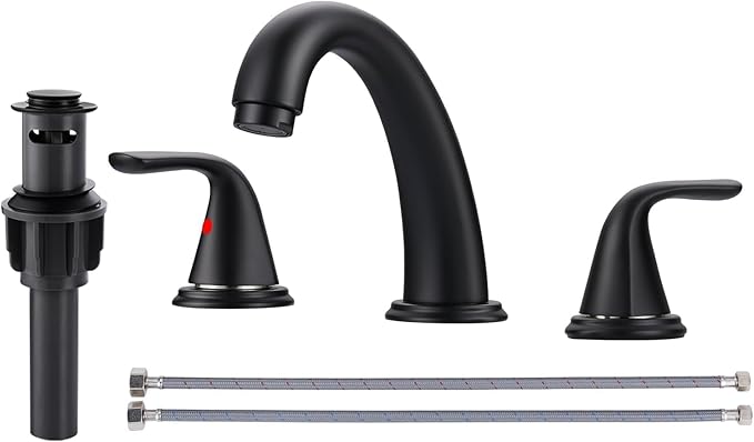 Widespread Bathroom Sink Faucet, ALEASHA Matte Black Bathroom Faucet with Pop Up Drain, Washroom Sink Faucets 3 Holes for RV/Vanity Camper, 304 Stainless Steel Tap with Lead-Free Supply Lines